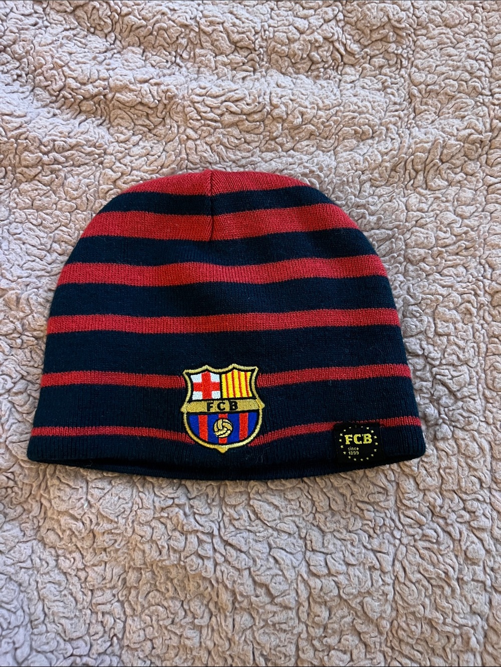 Kids Red & Navy Striped Beanie Hat